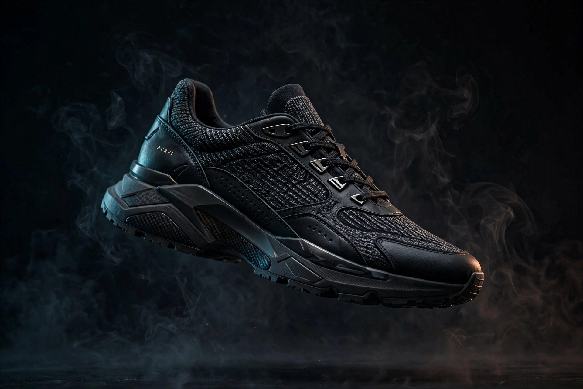 AI-generated product photo of a premium sneaker floating in a dark studio