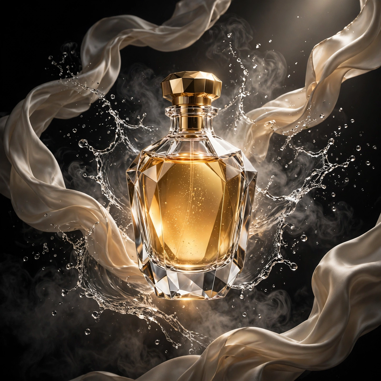 AI-generated luxury shot of a faceted glass perfume bottle with golden liquid