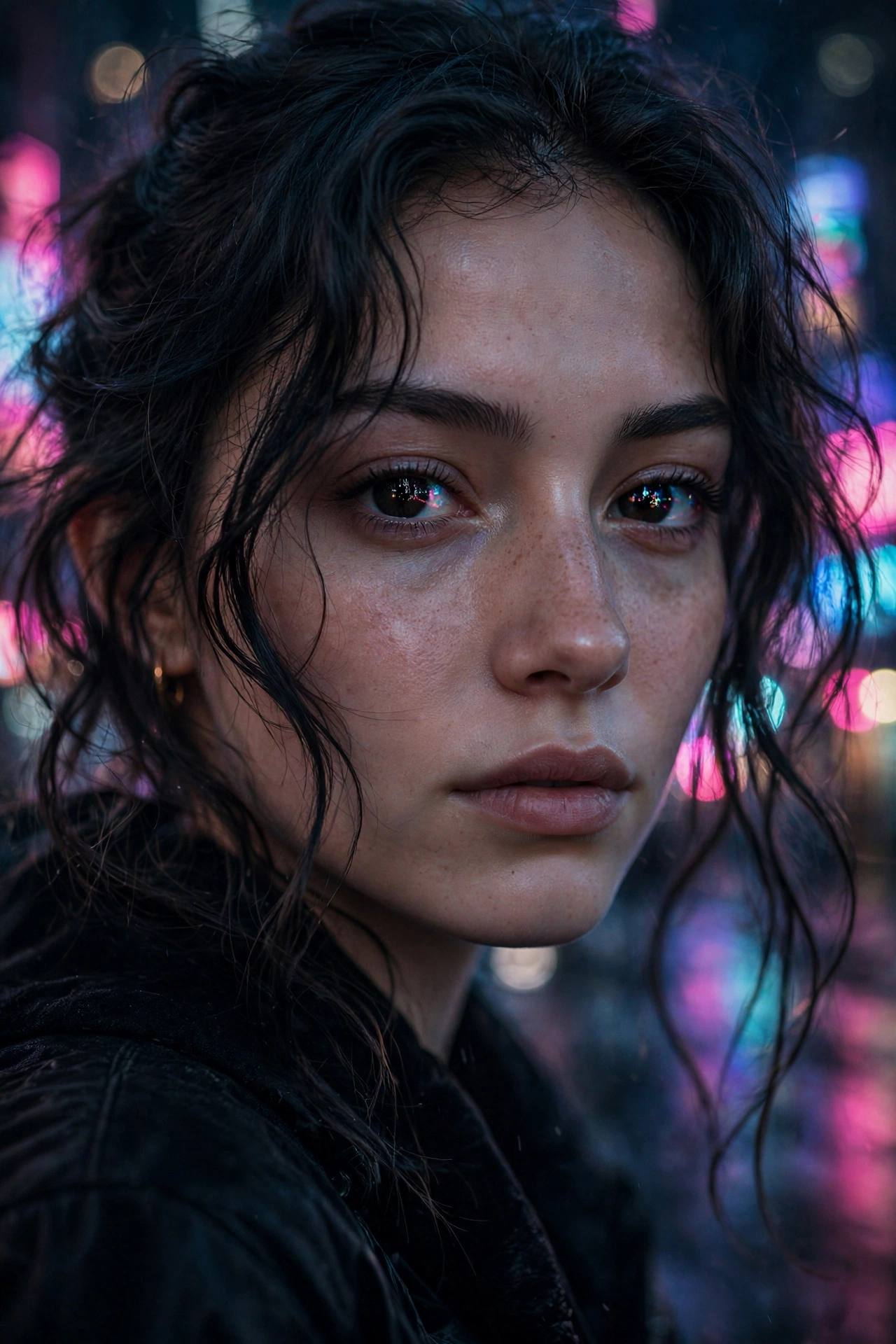 AI-generated stylized digital portrait with neon city lights reflected in her eyes