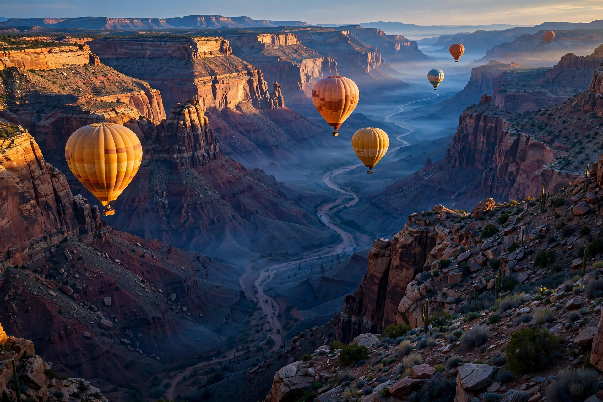 AI-generated hot air balloons over a desert canyon at dawn