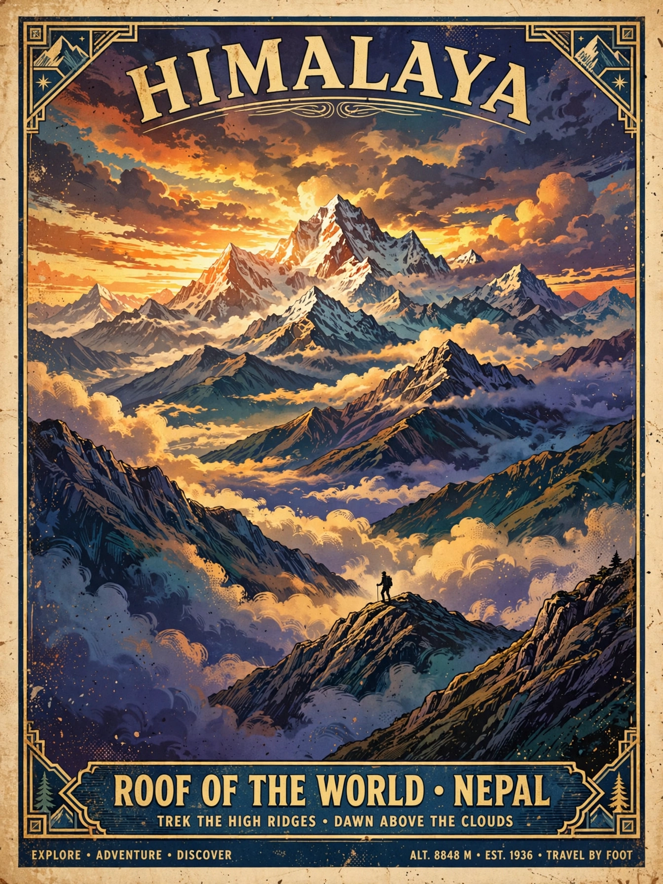 AI-generated travel poster of Himalayan peaks at dawn with a tiny trekker silhouette