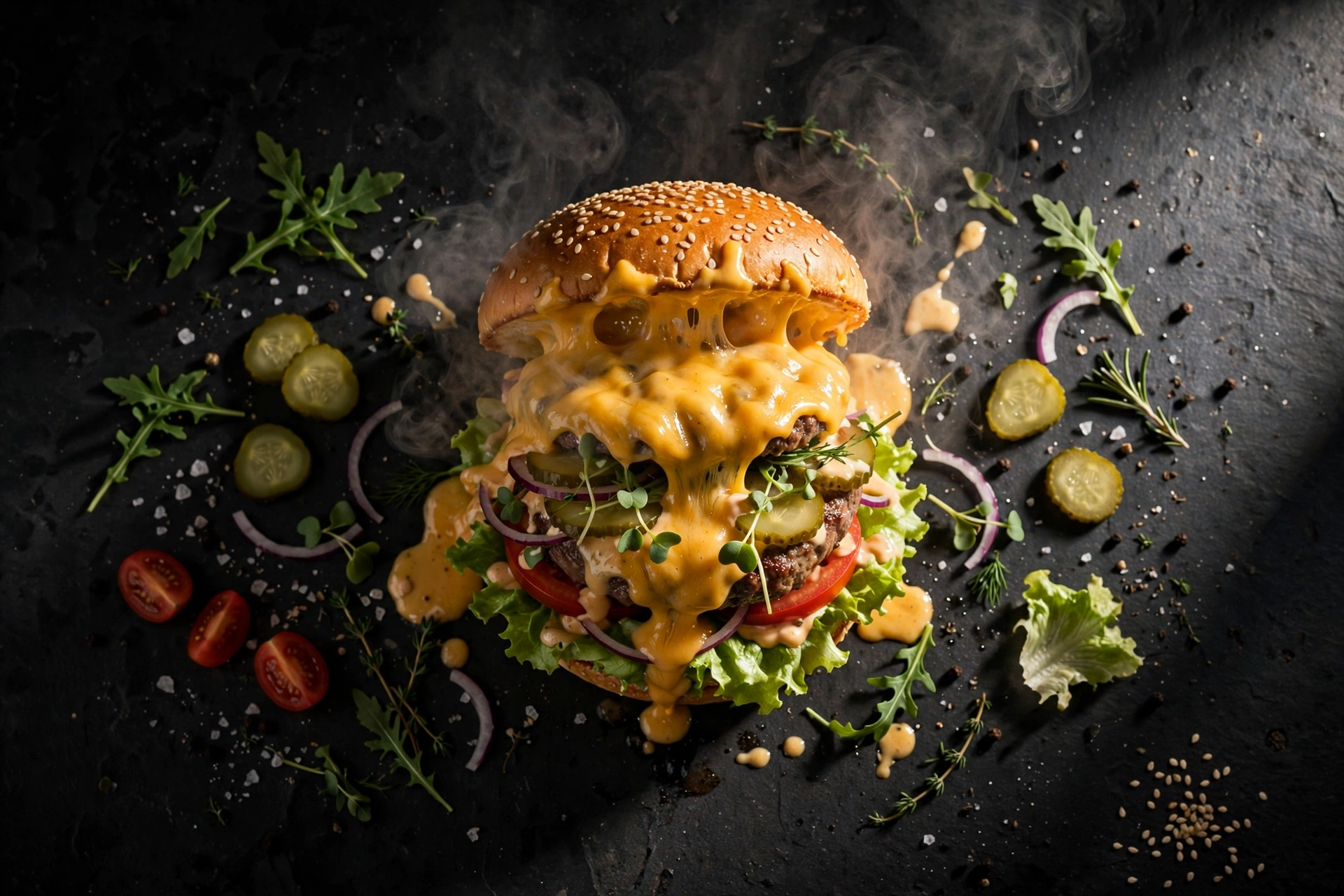 AI-generated food photography of a gourmet burger with melting cheese on dark slate