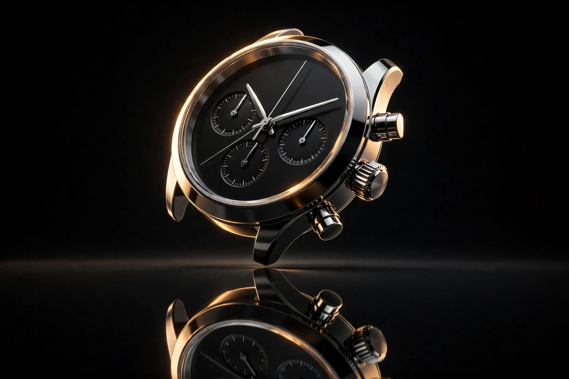 AI-generated product photo of a steel chronograph watch floating in a dark studio