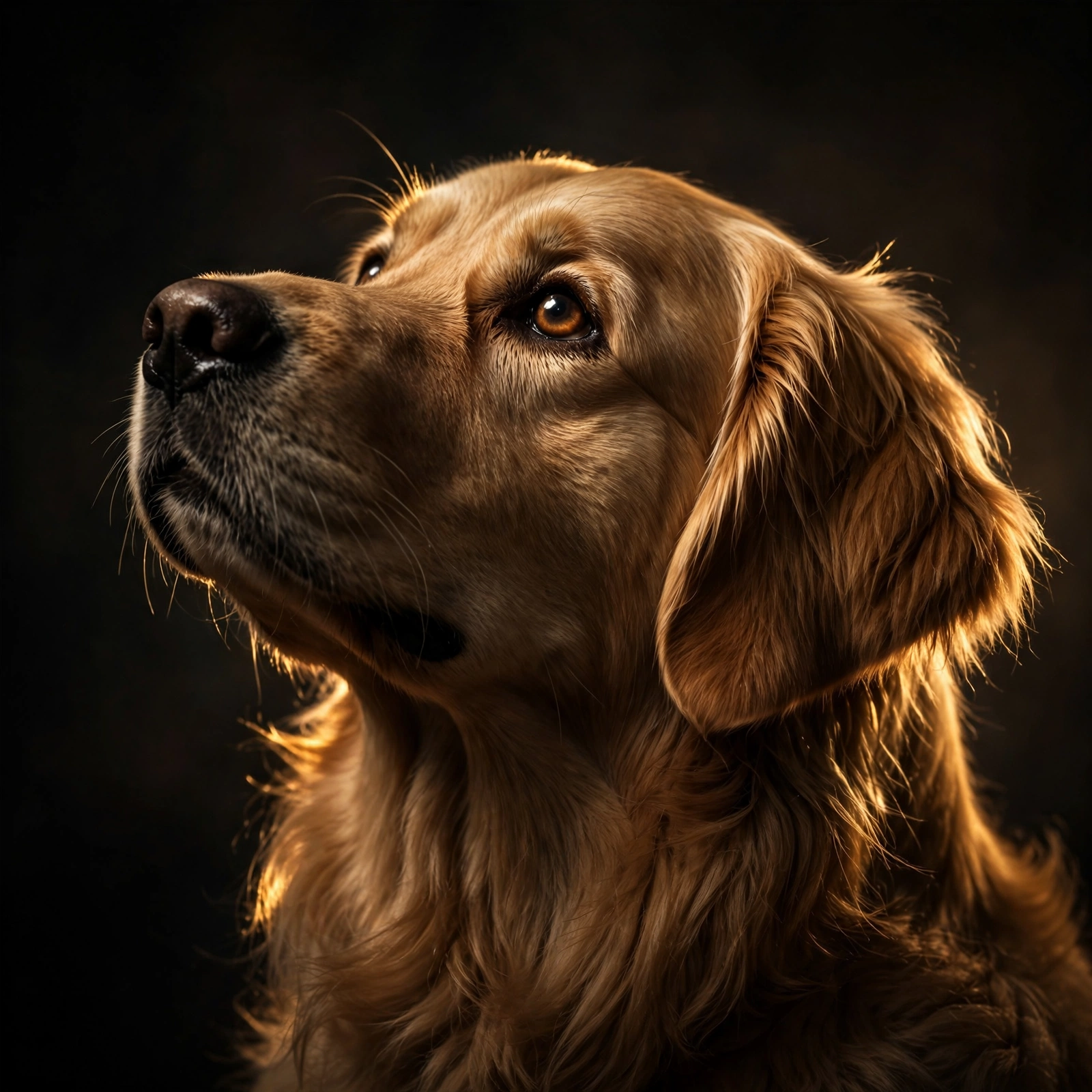 AI-generated fine-art portrait of a golden retriever in a dark room with Rembrandt lighting