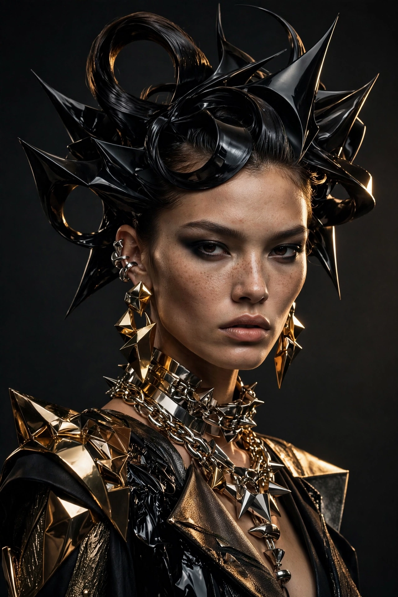 AI-generated high-fashion editorial portrait with sculptural black spiked hair